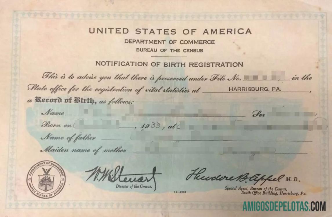 Certidão de nascimento do Departamento de Comércio dos Estados Unidos exemplo real